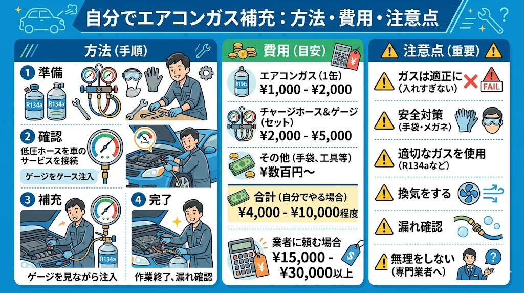 エアコンガス補充を自分でやる方法と費用・注意点のアイキャッチ画像