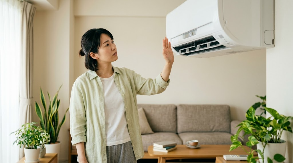 エアコンからぬるい風が突然出たときの確認項目を表すイメージ画像