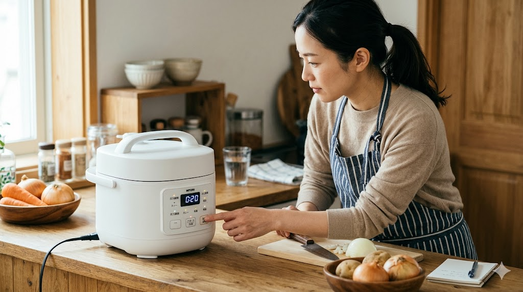 ニトリの電気圧力鍋の使い方と基本操作を表すイメージ画像