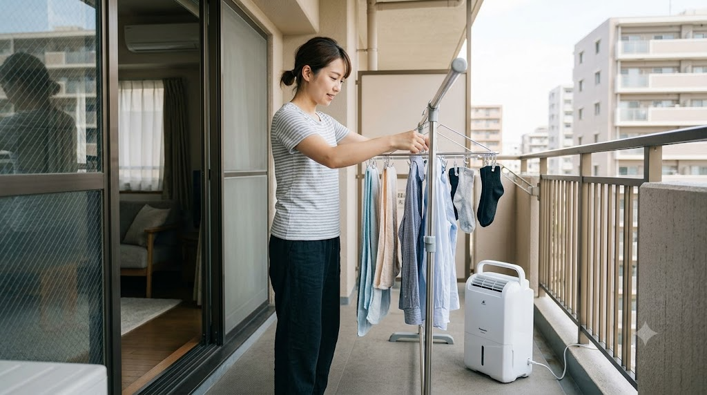 移動して衣類乾燥や部屋干しに使うメリットを表すイメージ画像