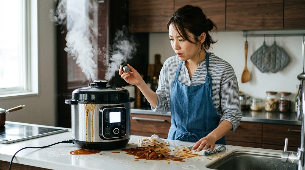 蒸気の噴出や吹きこぼれによる失敗に注意を表すイメージ画像