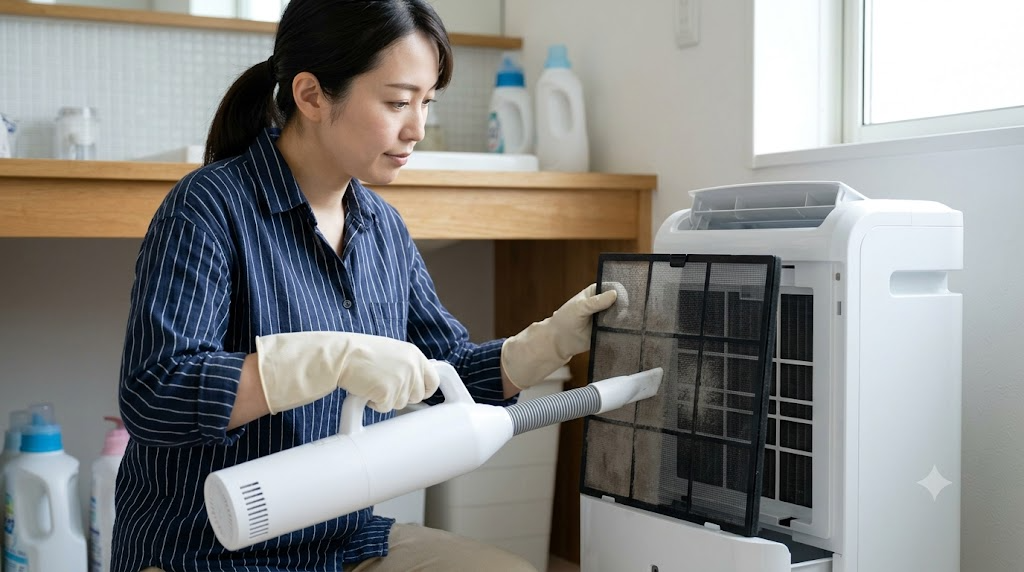 エアフィルターのホコリを掃除機で吸い取る手順を表すイメージ画像