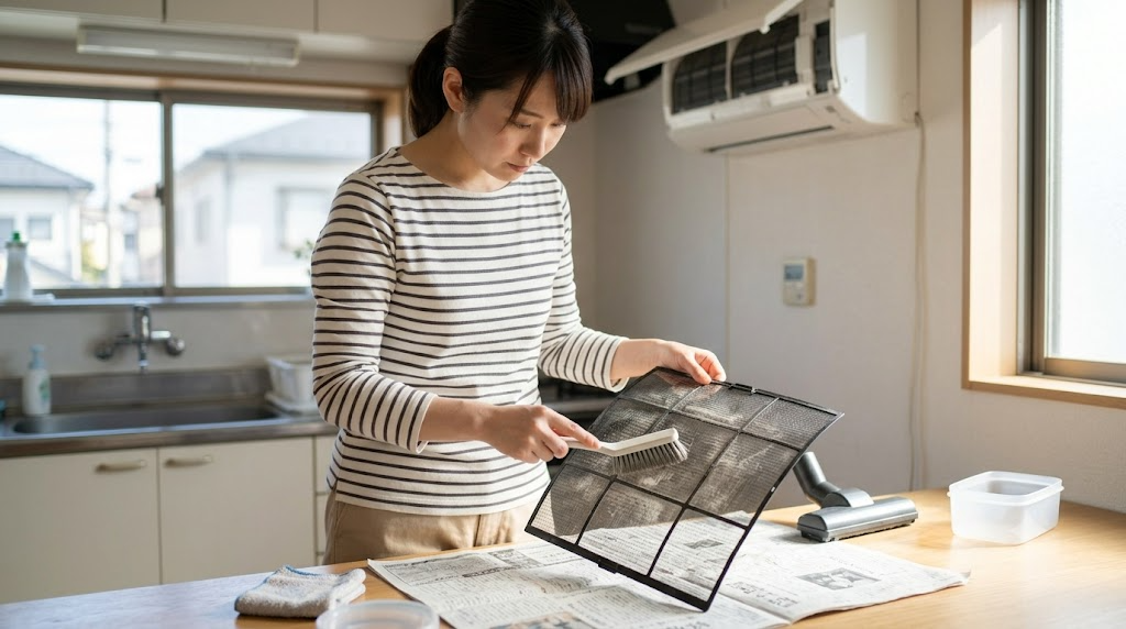 カビの栄養となるホコリを絶つフィルター掃除を表すイメージ画像