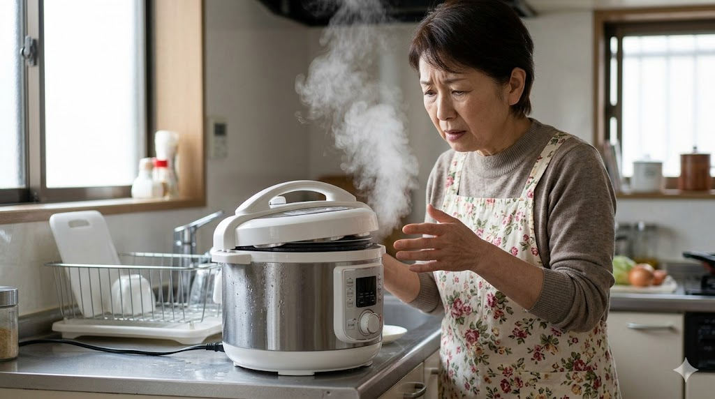 ニトリの電気圧力鍋の故障による蒸気漏れを表すイメージ画像