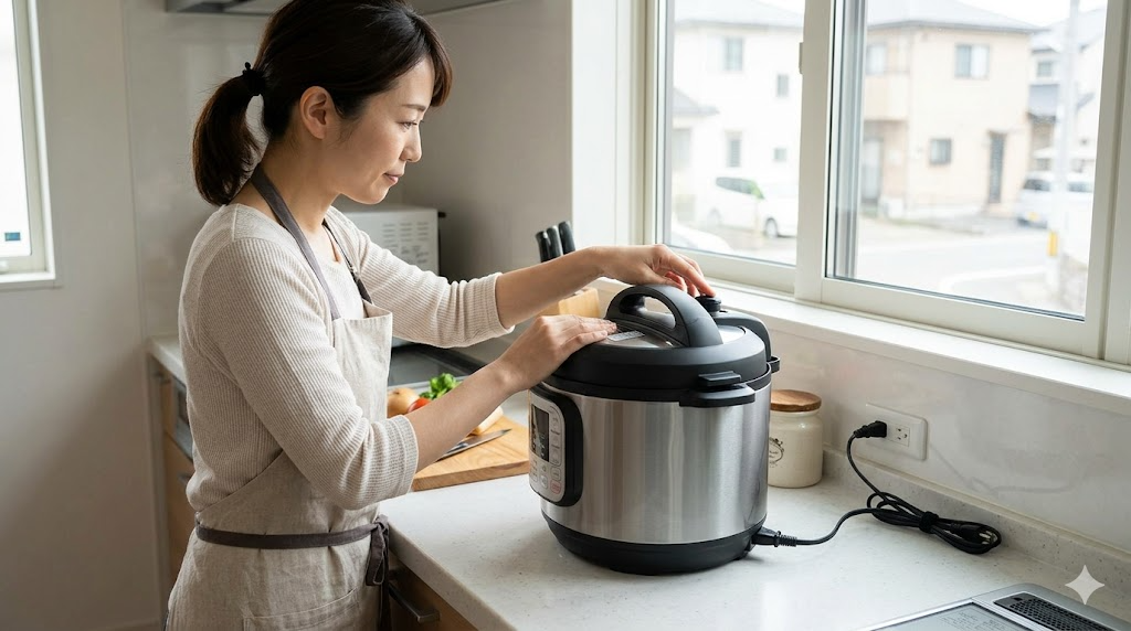 電気圧力鍋の設置環境と安全な使い方を表すイメージ画像