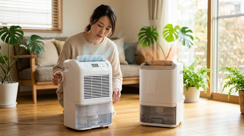 除湿機コンプレッサー式やデシカント式の違いを表すイメージ画像