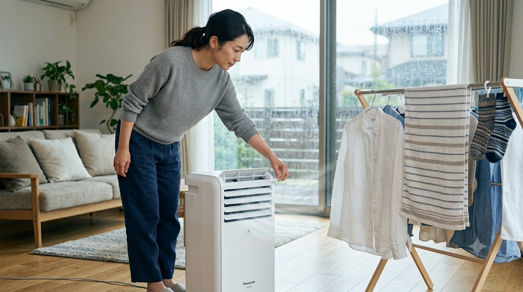 部屋干しの生乾き臭を防ぐルーバー機能の活用を表すイメージ画像