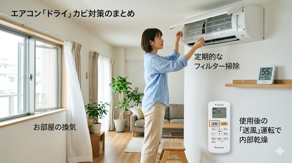 エアコンのドライ機能に伴うカビ対策のまとめを表すイメージ画像