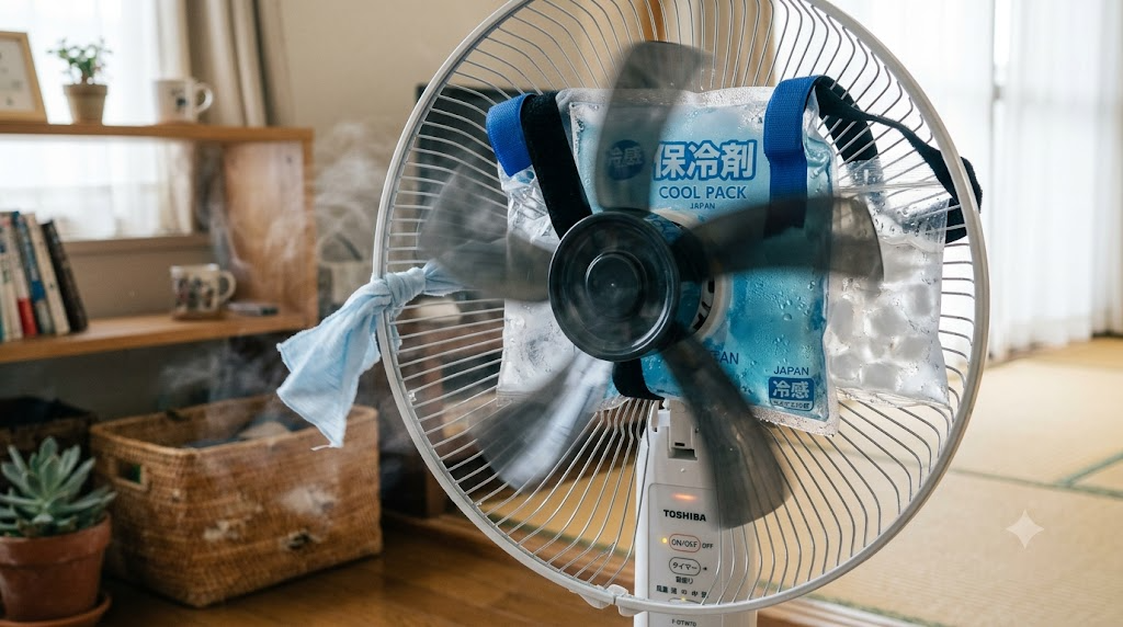 氷や保冷剤で冷風を生み出すを表すイメージ画像