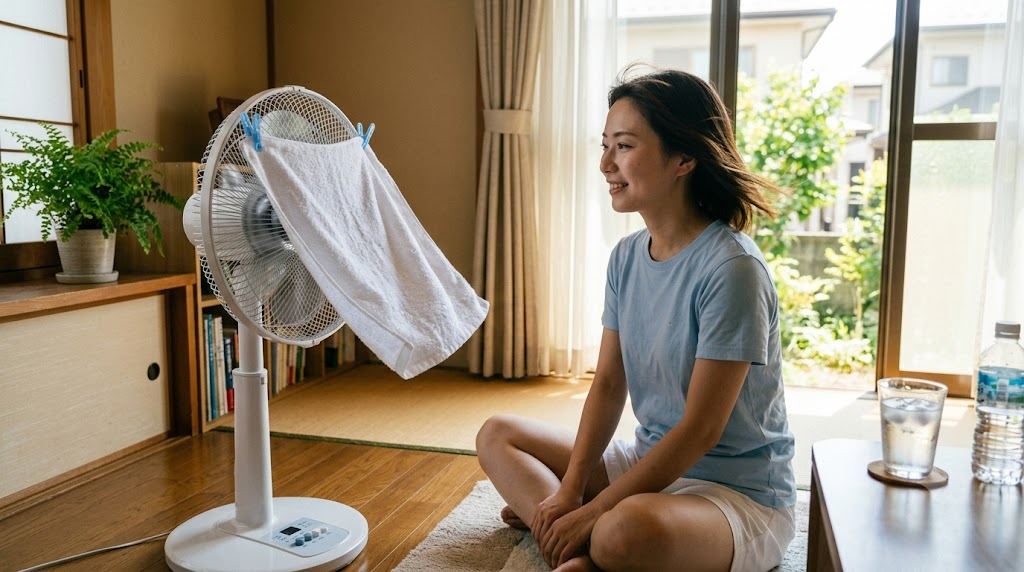 濡れタオルの気化熱を活用するを表すイメージ画像